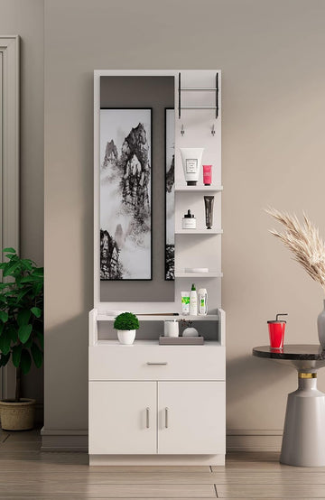 Engineered Wood Dressing Table Mirror with 1-Drawer, Bangle Holder & Hooks | Vanity Mirror with Shelf | 1 Year Warranty