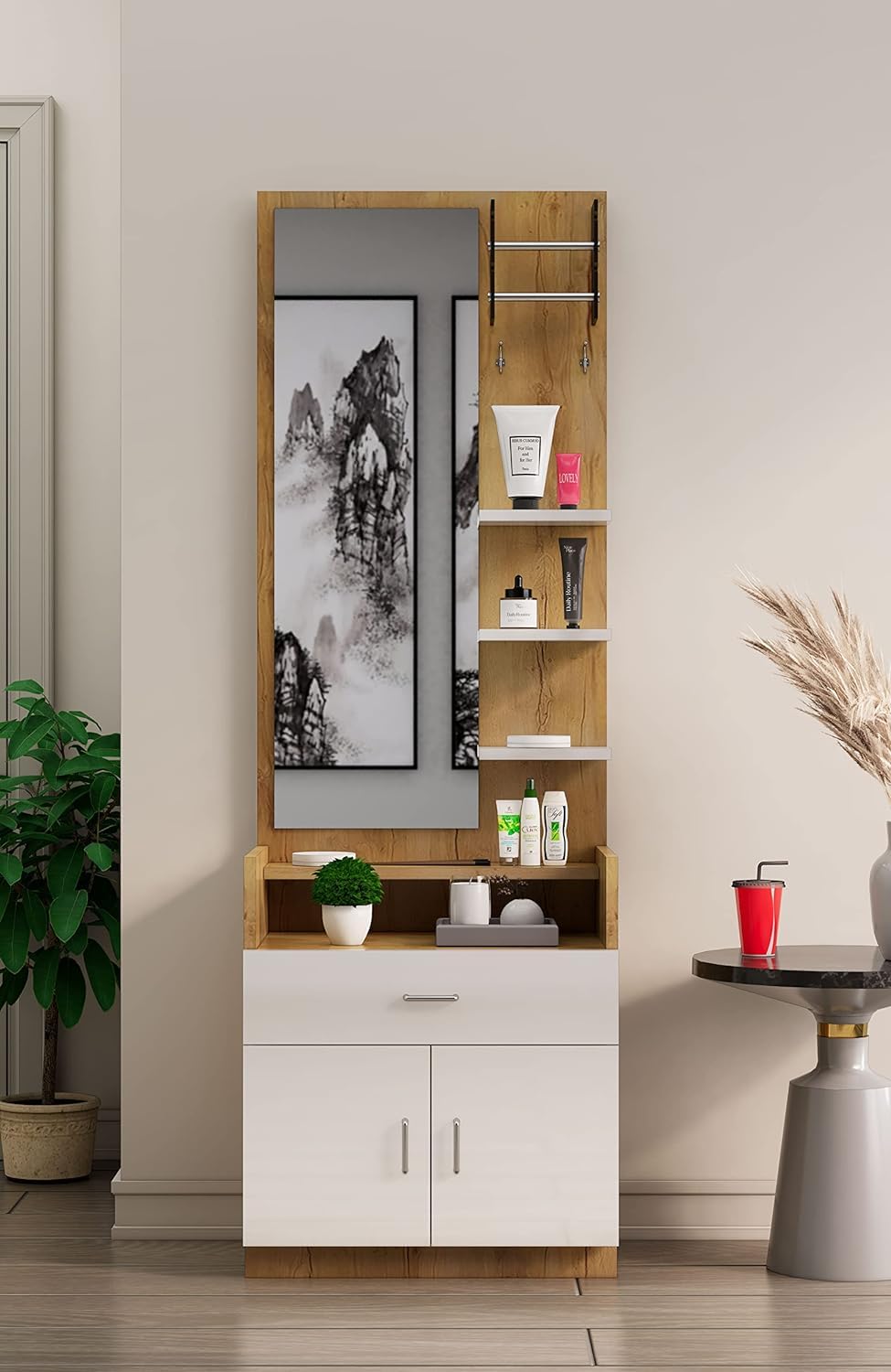Engineered Wood Dressing Table Mirror with 1-Drawer, Bangle Holder & H Hexa Red Engineered Wood Dressing Table Mirror with 1-Drawer, Bangle Holder & H Hexa Red