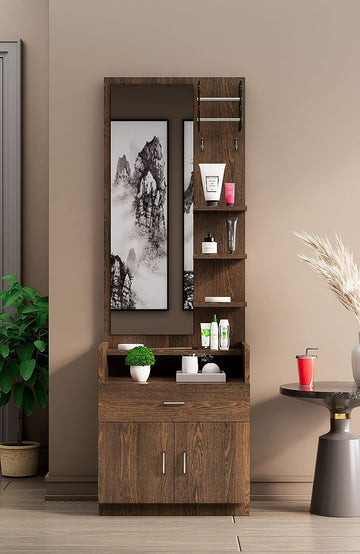 Engineered Wood Dressing Table Mirror with 1-Drawer, Bangle Holder & Hooks | Vanity Mirror with Shelf | 1 Year Warranty