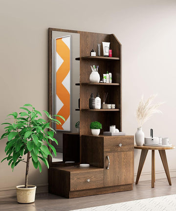 Wooden Dressing Table for Bedroom with 2 Drawer, Mirror and Huge Storage Space | Long Dresser Vanity Table with Mirror (40D x 85W x 180H CM) | 1 Year Warranty (DIY) (Flower Wenge)