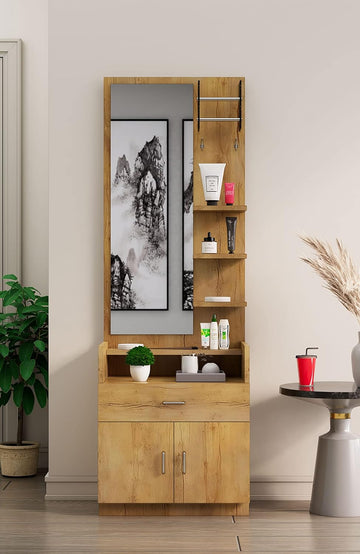 Engineered Wood Dressing Table Mirror with 1-Drawer, Bangle Holder & Hooks | Vanity Mirror with Shelf | 1 Year Warranty