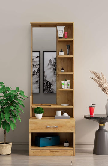 Wooden Dressing Table for Bedroom with 1 Drawer, Mirror and Huge Storage Space | Long Dresser Vanity Table with Mirror