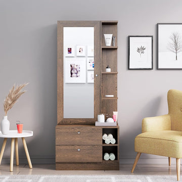 Wooden Dressing Table for Bedroom with 2 Drawer, Mirror and Huge Storage Space | Long Dresser Vanity Table with Mirror (40D x 73W x 182H CM) | 1 Year Warranty (DIY) (Frosty White)