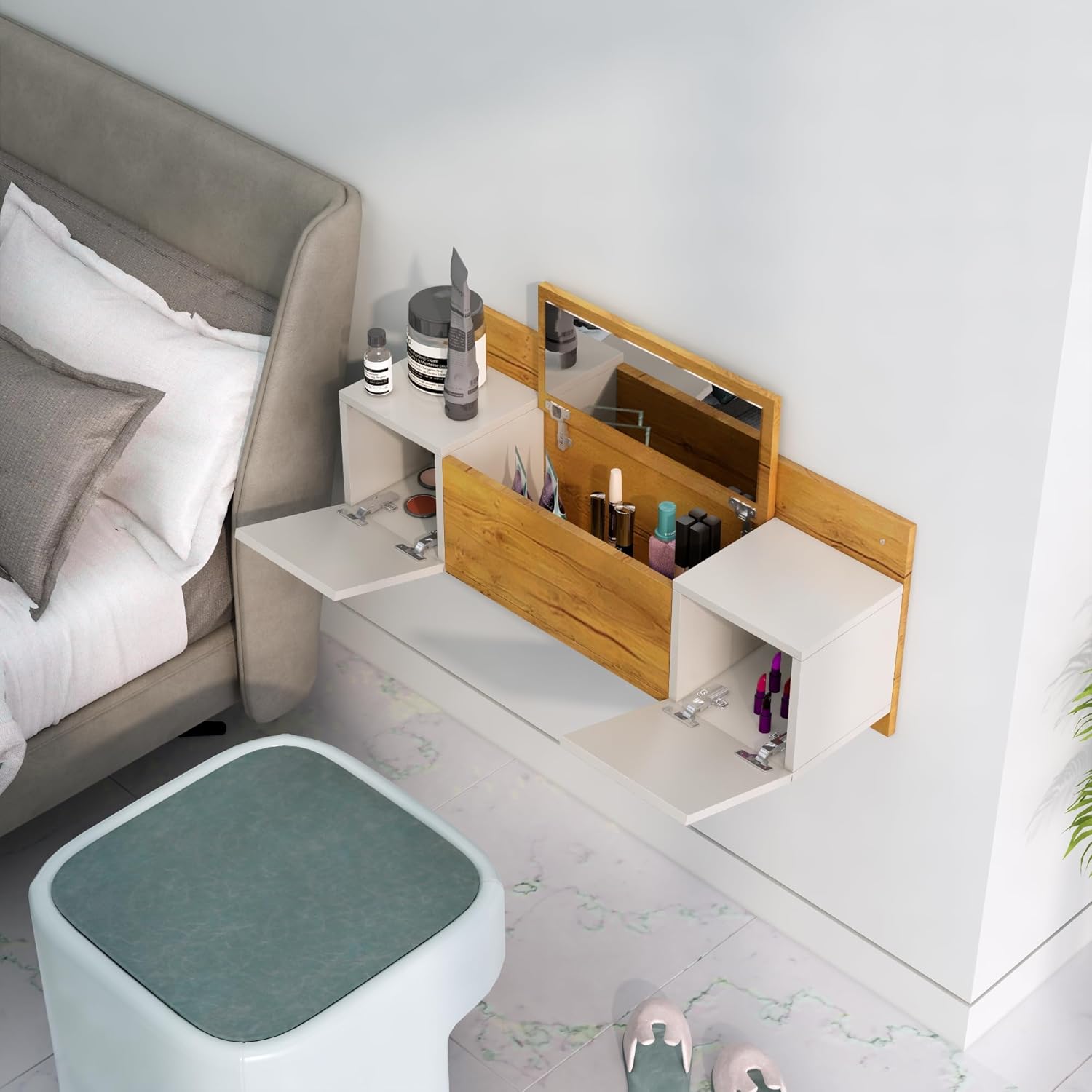 Engineered Wood Wall Mount Dressing Table with 2 Door, Mirror and Huge Hexa Red Engineered Wood Wall Mount Dressing Table with 2 Door, Mirror and Huge Hexa Red