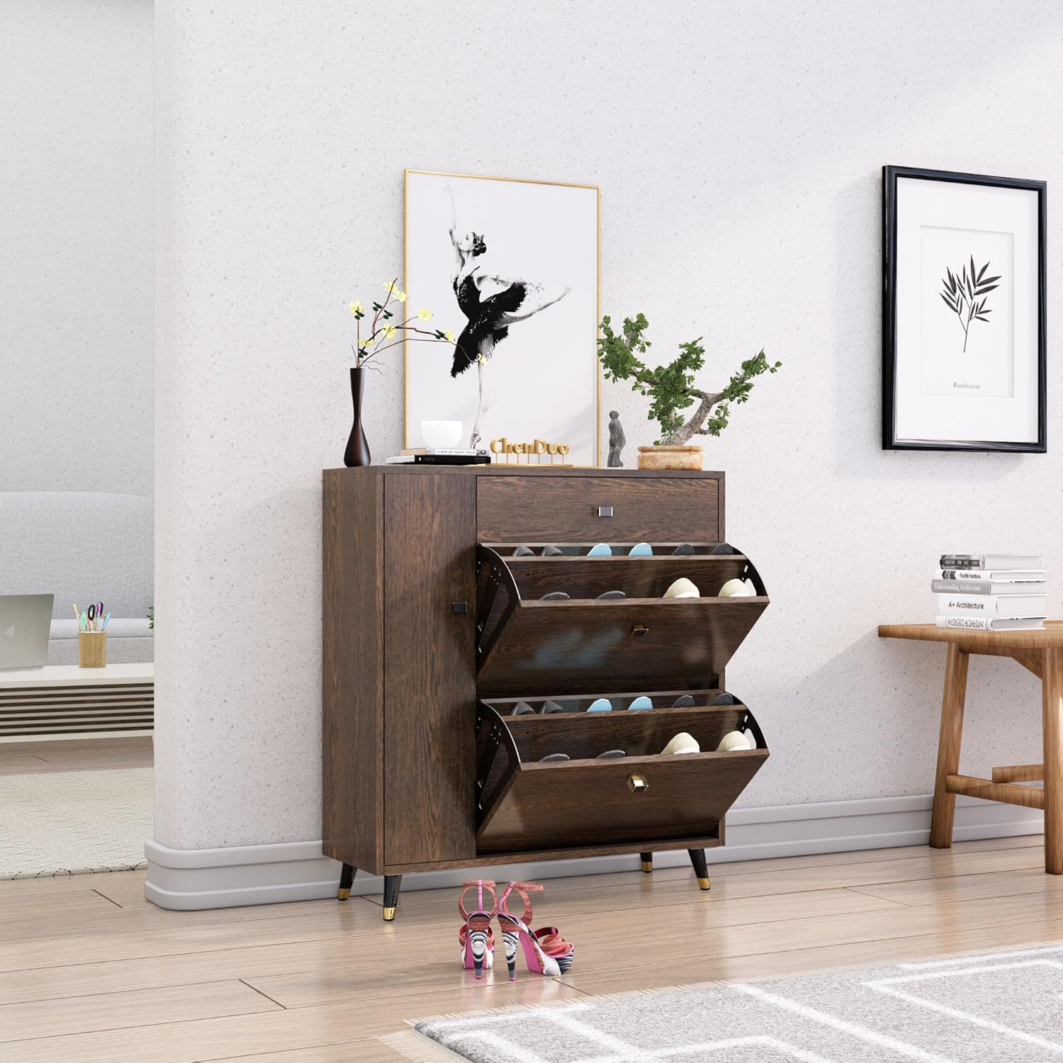 Engineered Wood Shoe Rack with Wooden Metal Legs Strong, Sturdy and Stylish Moisture Termite Resistant HXDR101GTFW