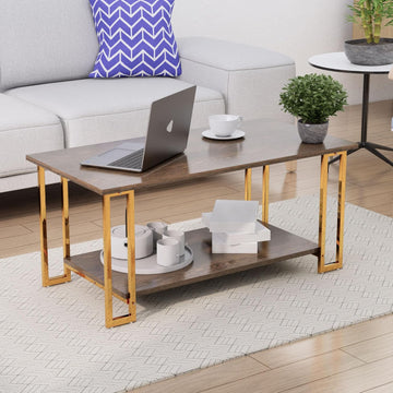 Wooden Coffee Table, Tea Table, Centre Table, European Quality Engineered Wood | Ideal for Home, Lounge Decor with Golden Metal Legs