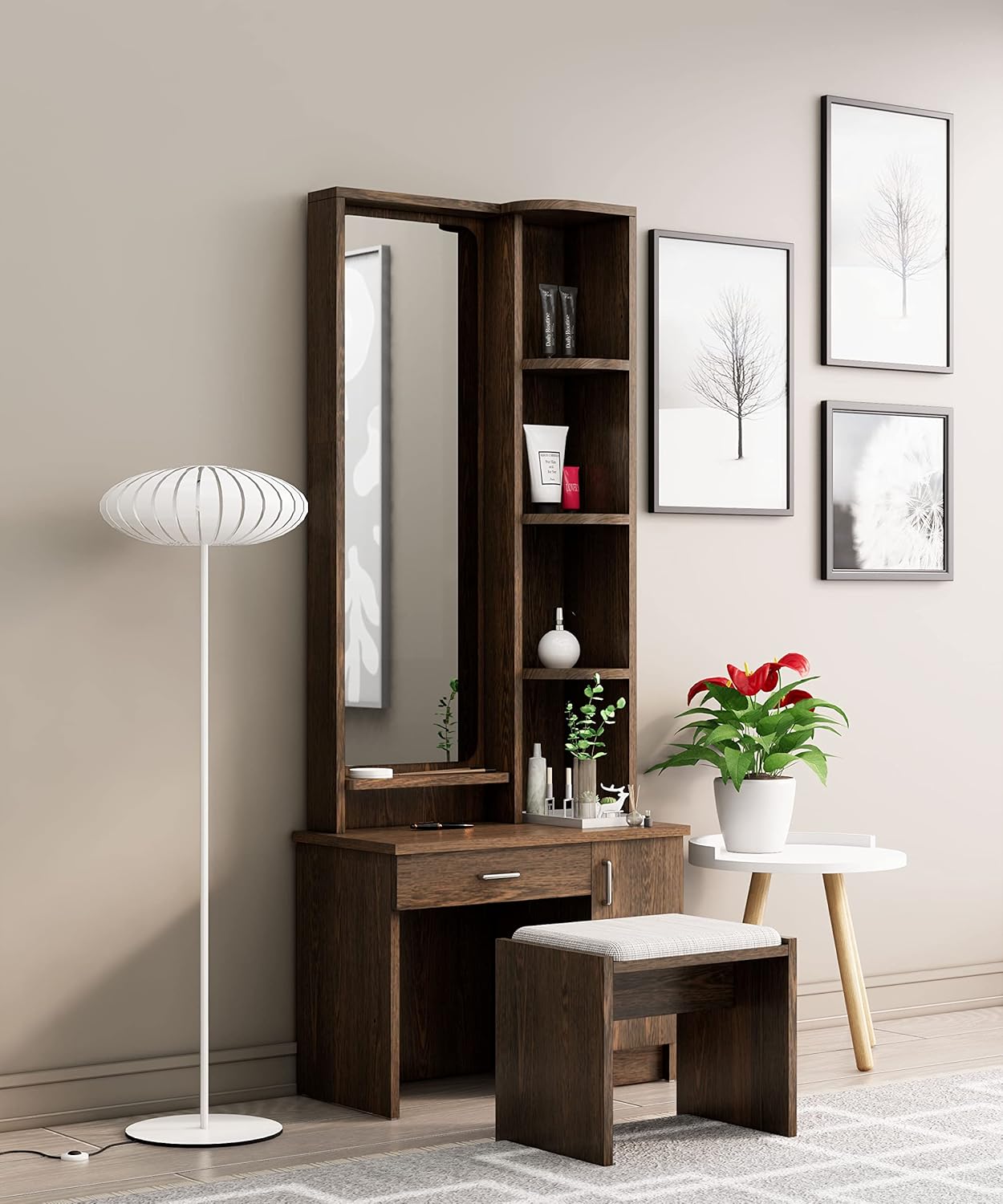 Wooden Dressing Table for Bedroom with 1 Drawer, Mirror and Huge Storage Space with Stool | Long Dresser Vanity Table with Mirror(40D x 68W x 175H CM) ... Wooden Dressing Table for Bedroom with 1 Drawer, Mirror and Huge Storage Space with Stool | Long Dresser Vanity Table with Mirror(40D x 68W x 175H CM) ...