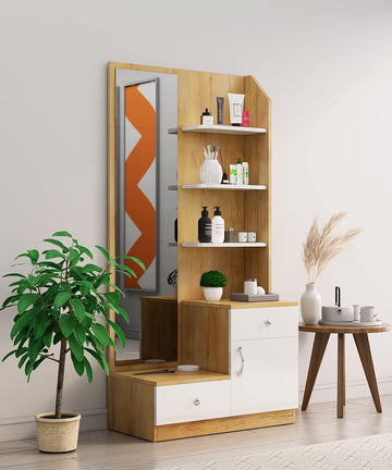 Wooden Dressing Table for Bedroom With 2 Drawer, Mirror and Huge Storage Space | Long Dresser Vanity Table with Mirror (40D x 85W x 180H CM) | 1 Year Warranty