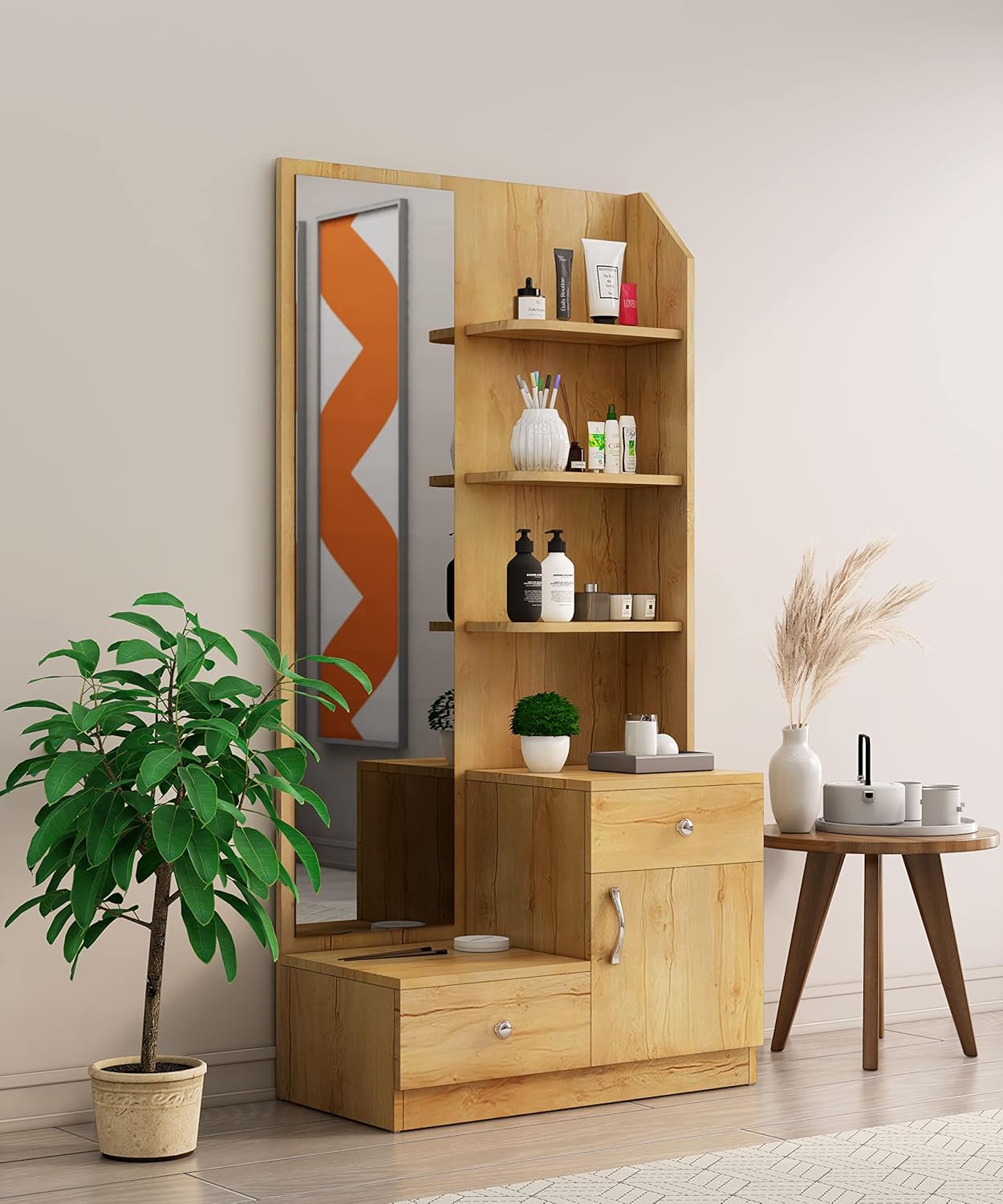 Wooden Dressing Table for Bedroom with 2 Drawer, Mirror and Huge Stora Hexa Red Wooden Dressing Table for Bedroom with 2 Drawer, Mirror and Huge Stora Hexa Red