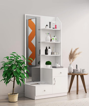 Wooden Dressing Table for Bedroom with 2 Drawer, Mirror and Huge Storage Space | Long Dresser Vanity Table with Mirror