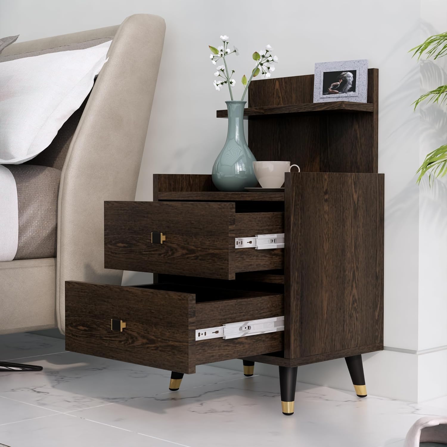 Bed Side Table for Bedroom, Bookcase Nightstand Side End Table for Bedroom With Metal