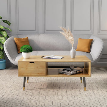 Wooden Coffee Table, with 1 Drawer, Centre Table with Solid Finish, Dual Color Engineered Wood | Ideal for Home, Hotel, Lounge Decor with Metal Legs
